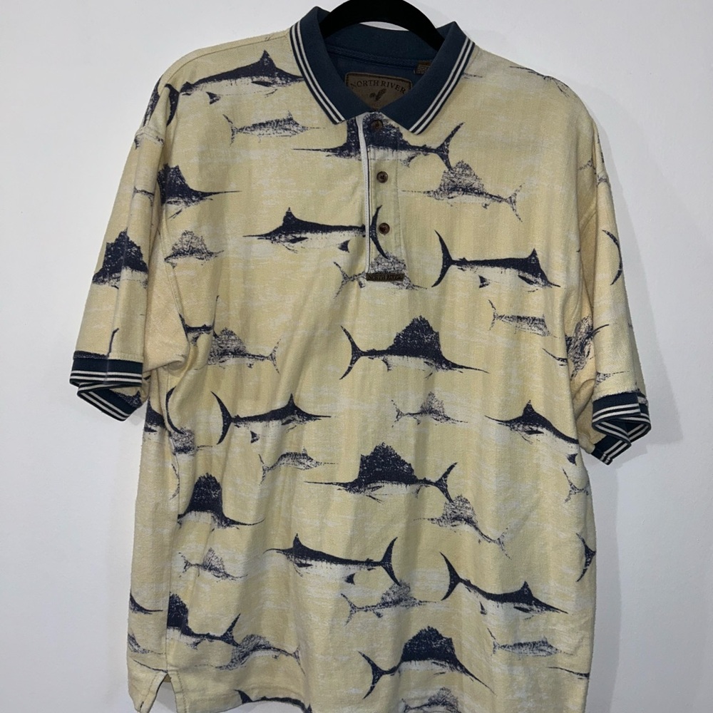Fish North River Print Polo Button Shirt in Cream and Black
